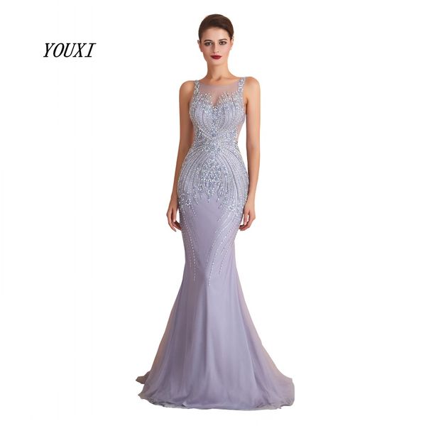youxi luxury beaded crystal evening dresses 2019 sheer neck lavender mermaid formal prom gowns for women sleeveless, White;black